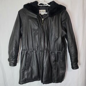 Vintage Genuine Leather Black Coat Faux Fur Hood Y2K Minimalist Jacket